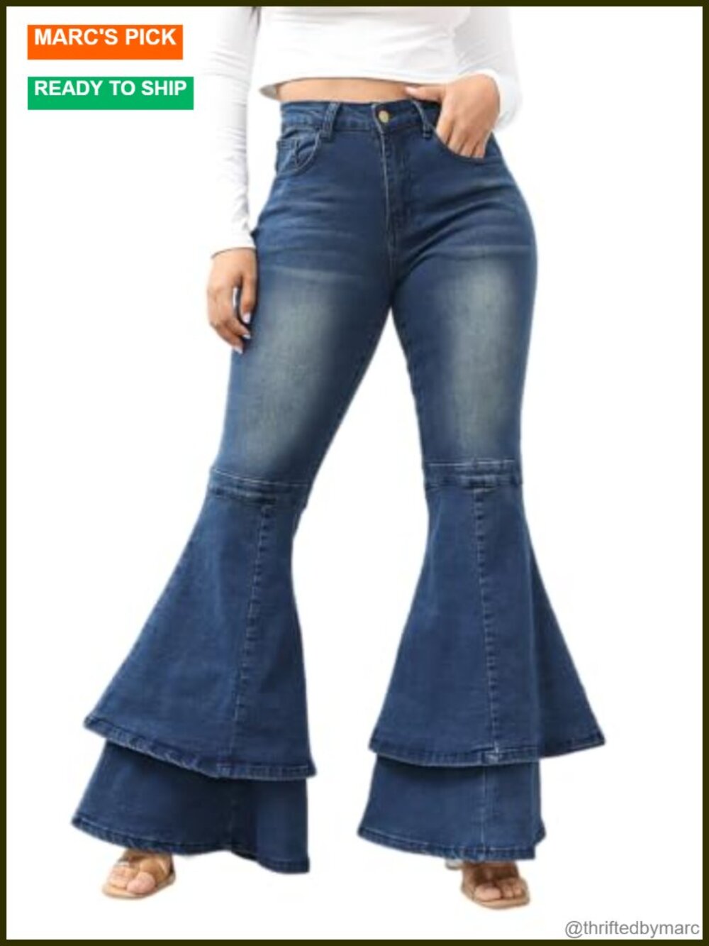 Womens High Rise Bell Bottom Flared Ruffle Hem Stretch Denim Jeans